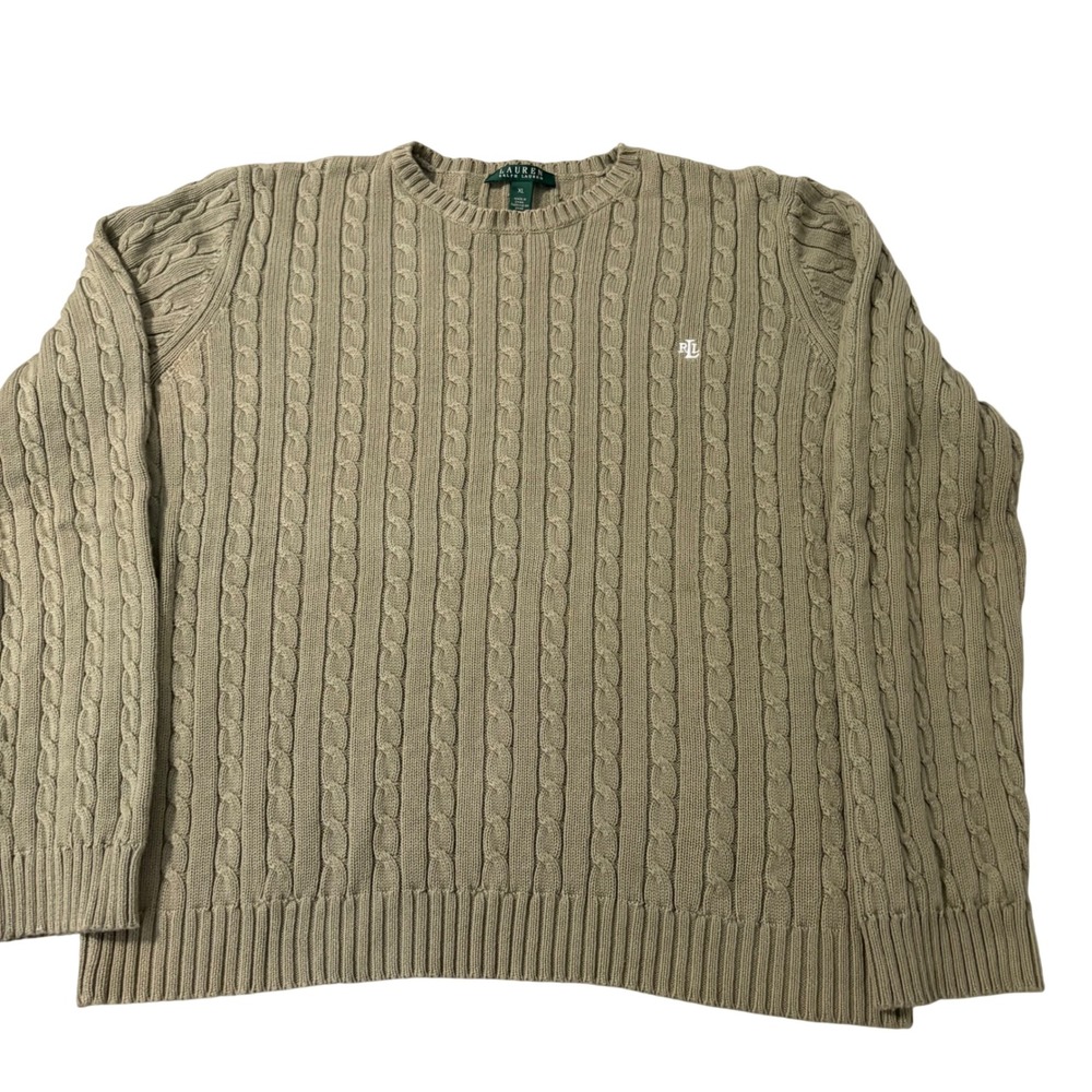 Lauren Ralph Lauren Sage Green Cable Knit Cotton Sweater XL LRL Logo Crew Neck